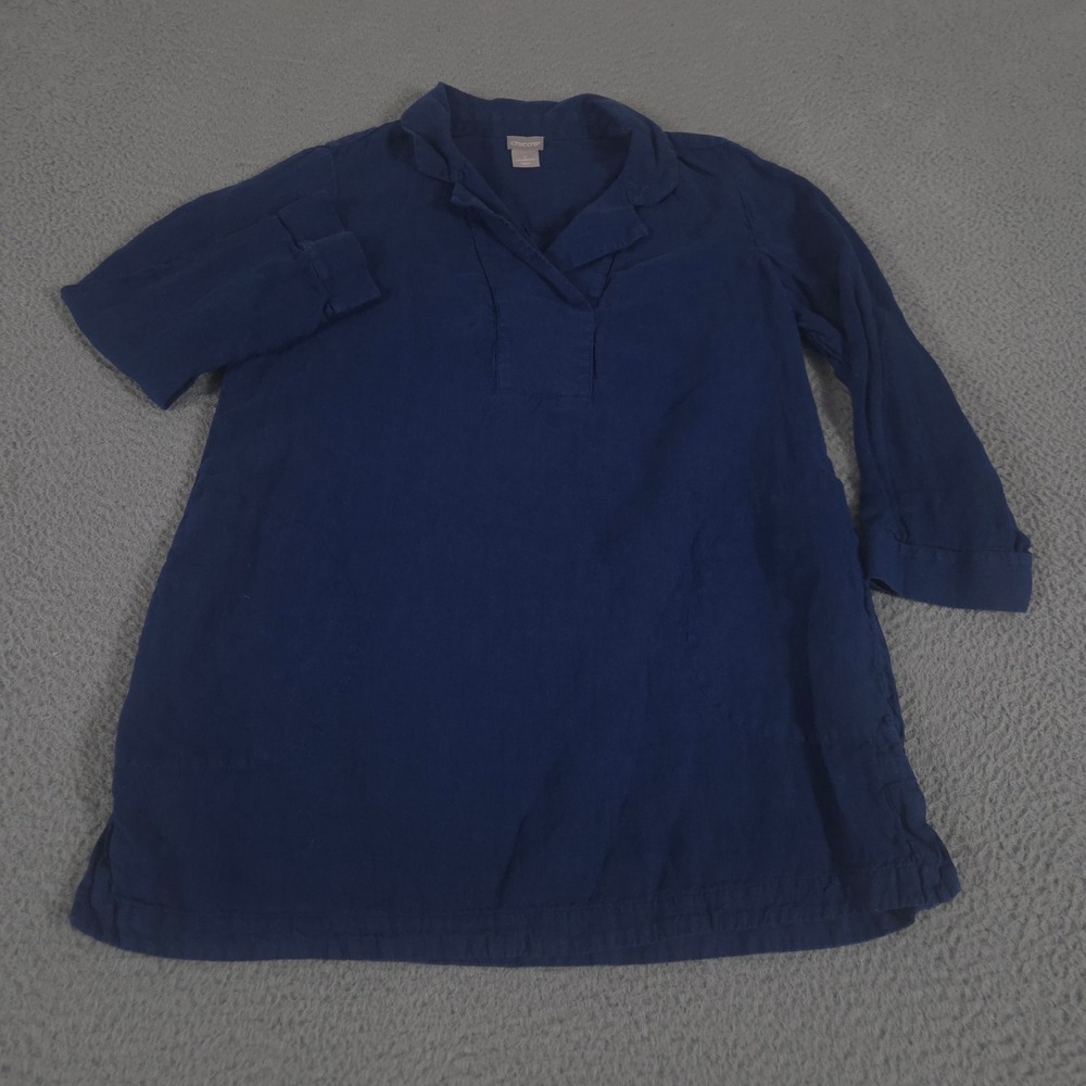 Chico's Top Womens Size 1 Navy Blue 100% Linen 3/4 Sleeve V-Neck Pullover Top